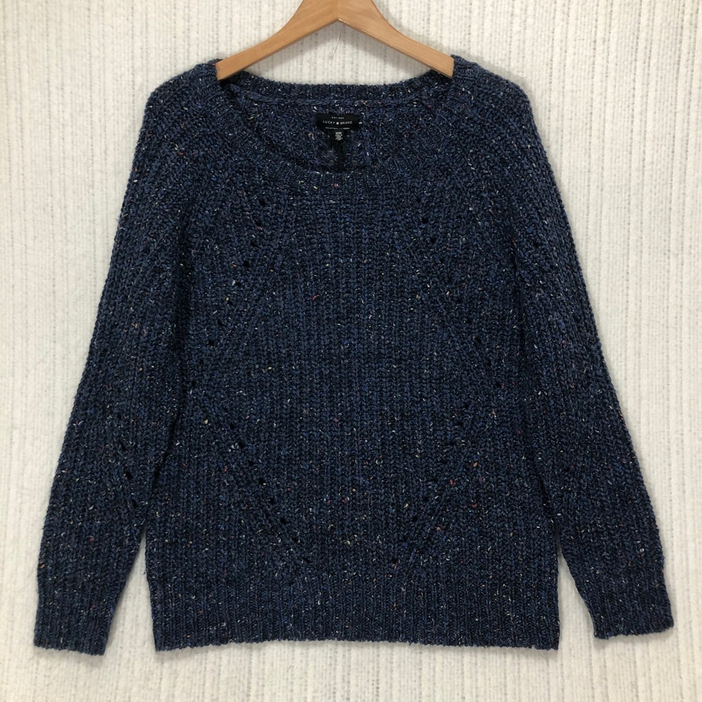 Lucky Brand Blue Space Dye Pointelle Knit Sweater Womens Medium Confetti Fleck - Picture 3 of 10